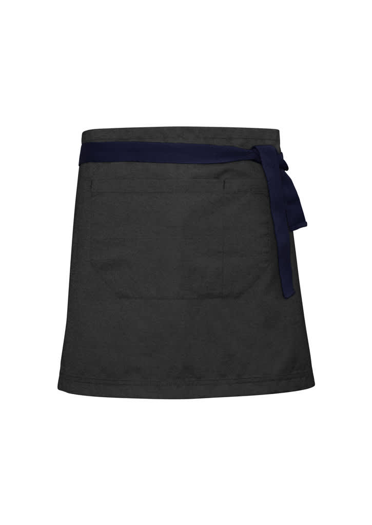 A dark grey waist strap apron with a navy blue tie and two front pockets. It features a logo on the design.