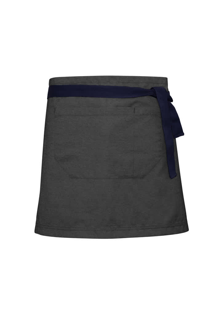 A dark grey waist apron with a navy tie, featuring a large pocket on the front.