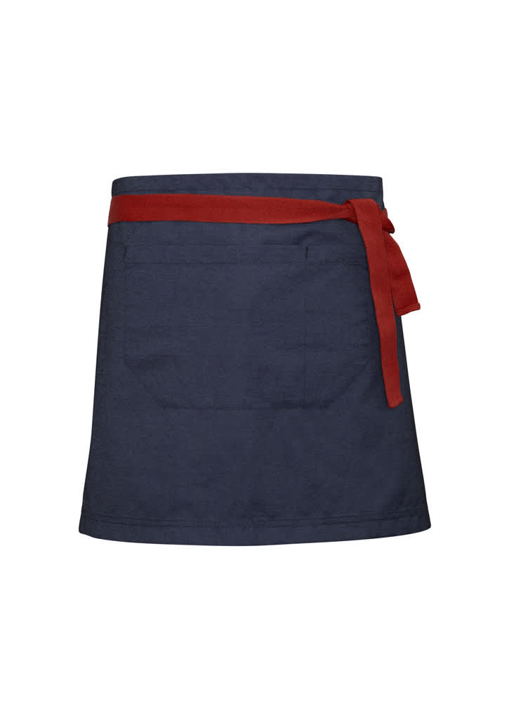 A navy waist apron with a red strap, featuring a large pocket at the front. Includes a logo.