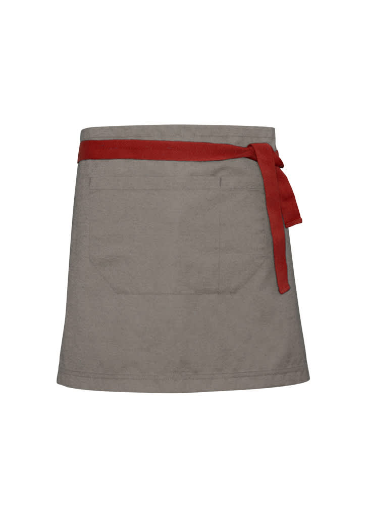 A grey waist apron featuring a red tie belt and a back pocket. The apron is designed for chefwear.