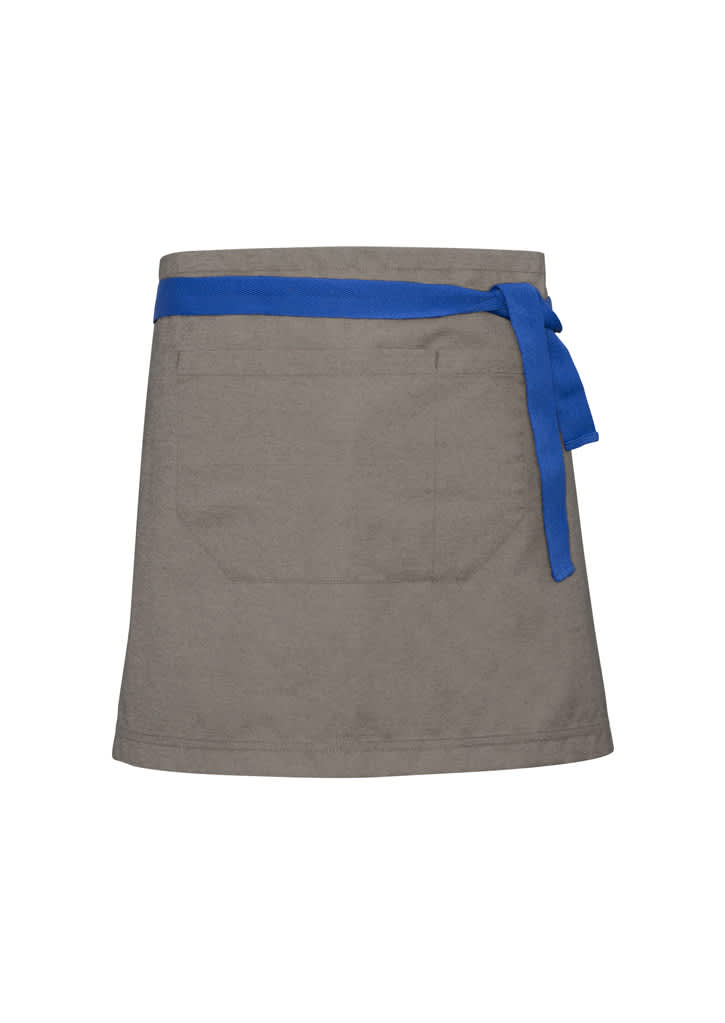 A grey waist apron with a blue tie, featuring a pocket on the back. Includes a small logo detail.