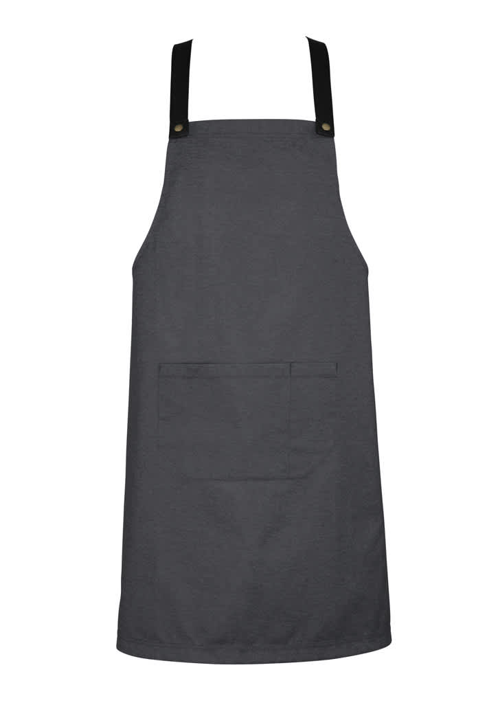 A grey apron featuring black straps and a front pocket. It has a simple design with a logo visible.