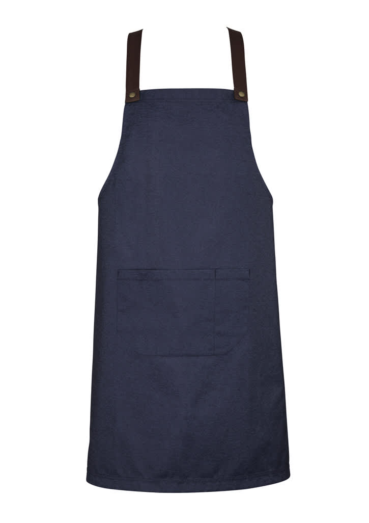 A navy apron with brown straps, featuring a front pocket, designed for chefwear.
