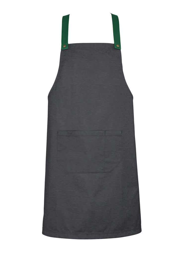 A grey apron with green straps and a front pocket, featuring a logo at the neckline.