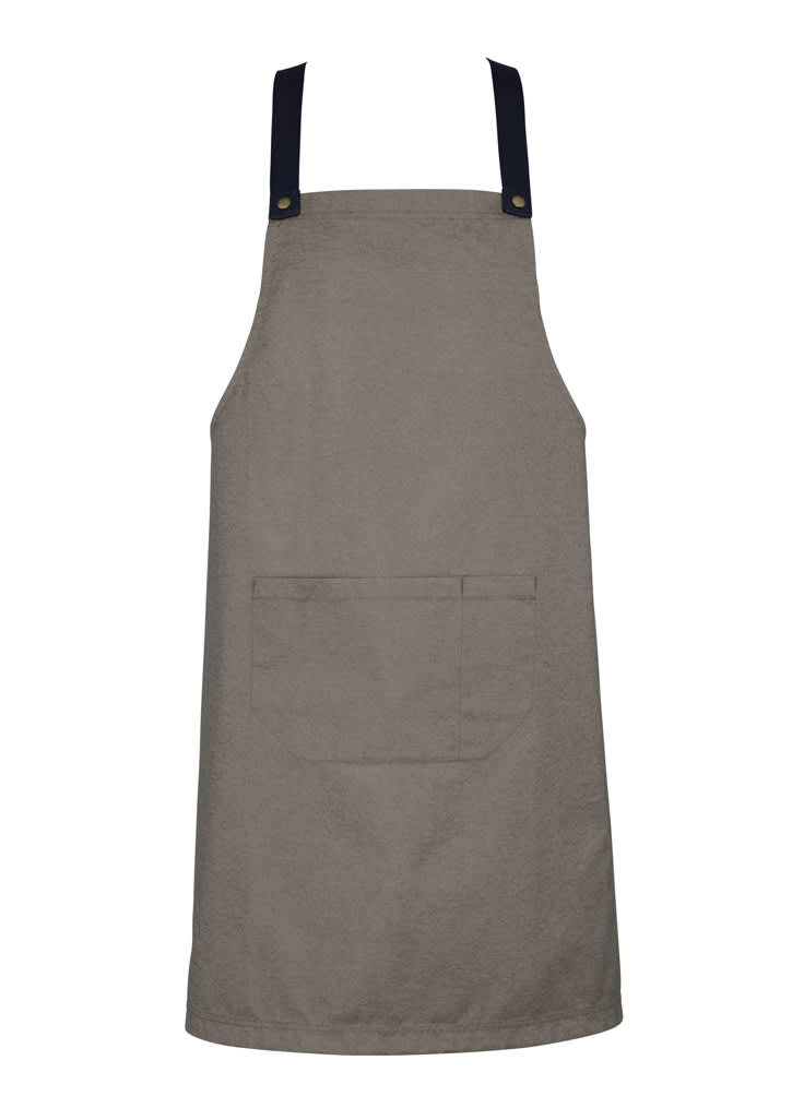 A khaki apron with navy straps and a front pocket, featuring a logo on one side.