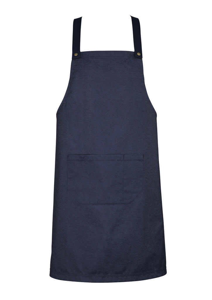 A navy blue apron with adjustable straps and a front pocket, featuring a logo.