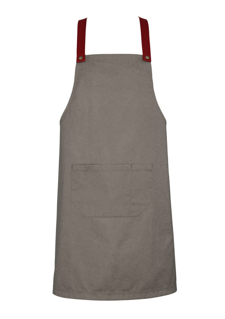 An olive-green apron with red straps and a front pocket, featuring a simple design and a branding logo.