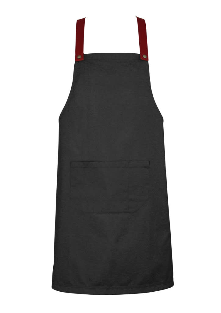 A black apron with red straps and a front pocket, featuring a branding logo.