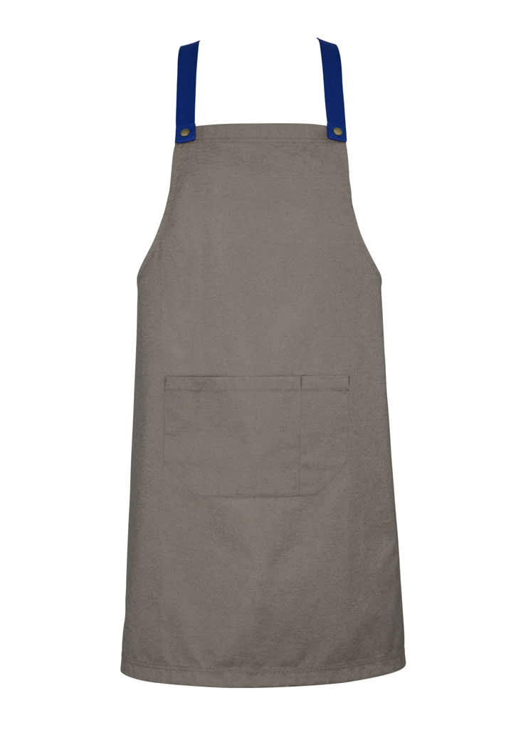 A grey apron with blue straps and a front pocket, featuring a simple, clean design. It has a logo at the top.