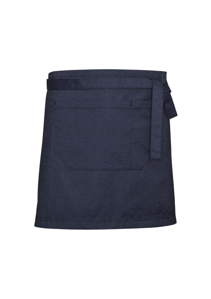 A navy blue waist apron featuring a large pocket and a waist tie, with a branding logo.