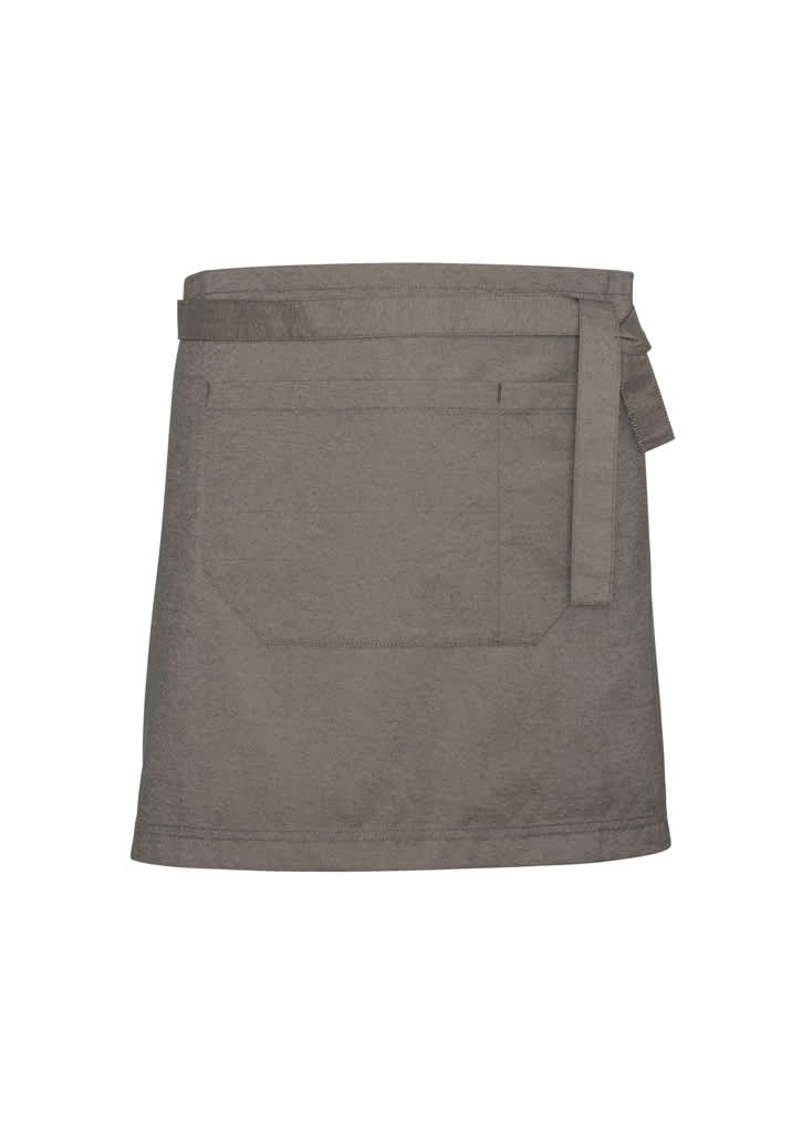 A khaki Urban Waist Apron featuring a pocket and a tied waist. The design is simple and functional, with a branding logo.