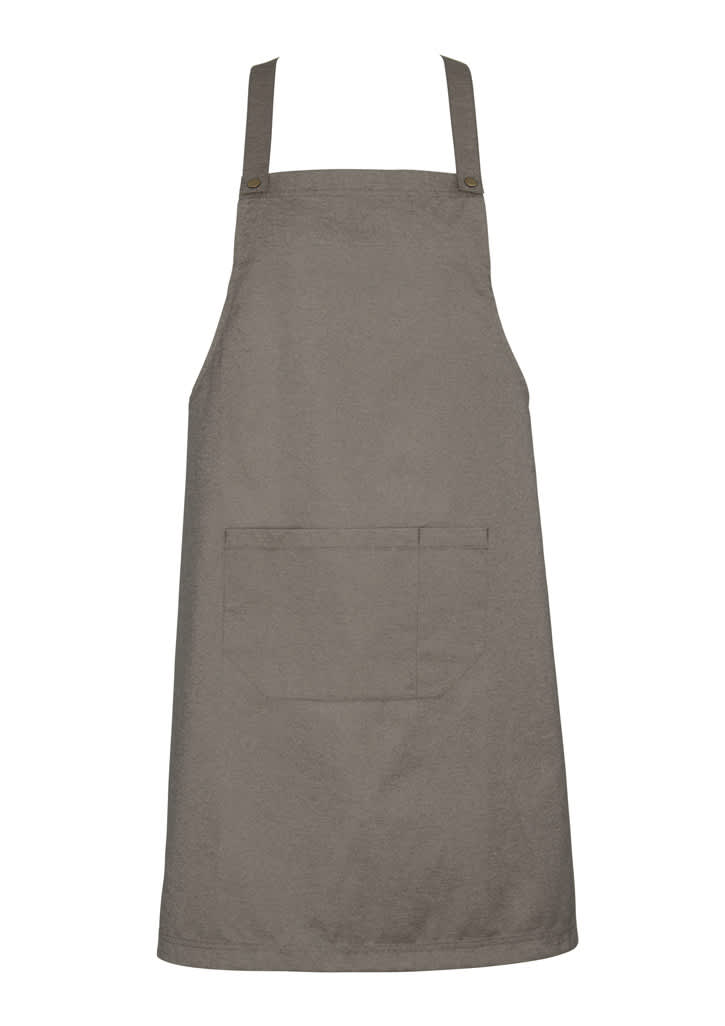 A khaki apron with adjustable straps and a front pocket, featuring a logo. Suitable for various workwear settings.