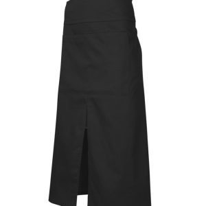 A black apron with a straight cut, featuring a back pocket and a side slit for ease of movement.