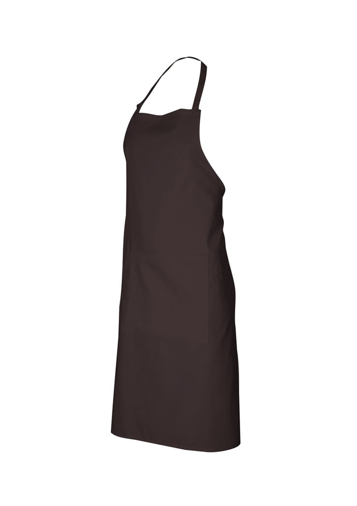 A dark brown bib apron with an adjustable neck strap and a front pocket, showcasing a simple and functional design.