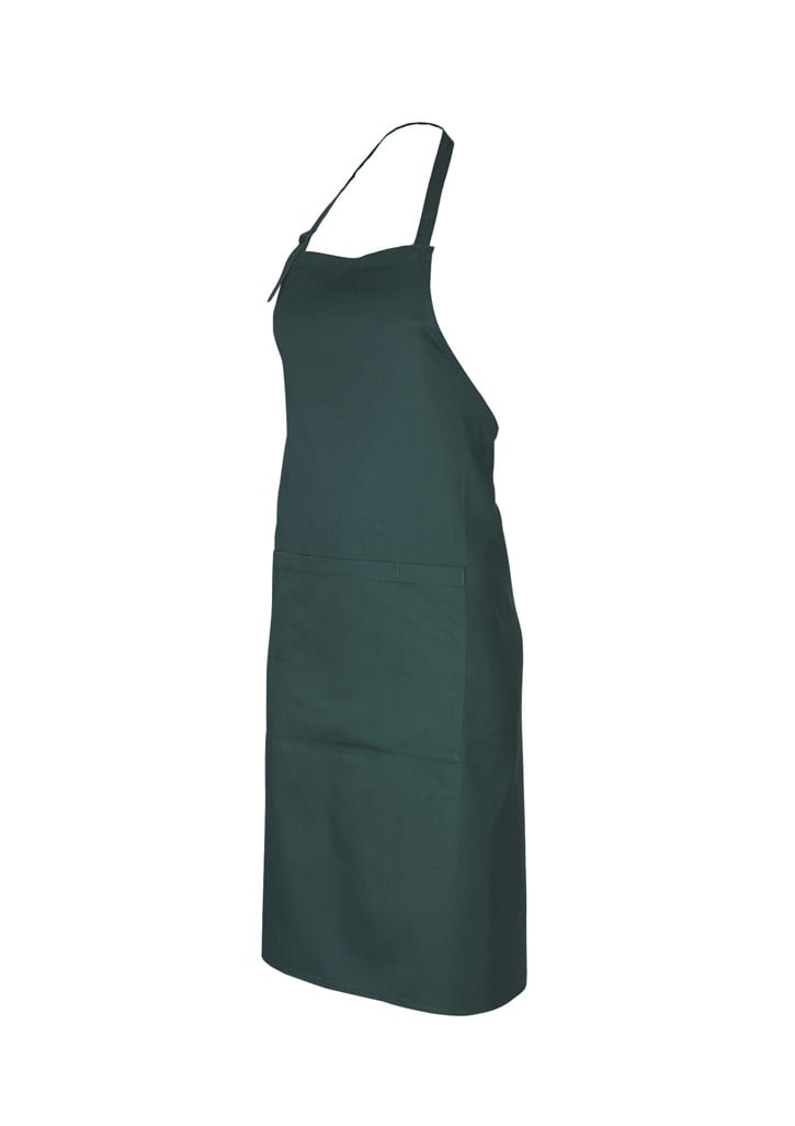 A dark green bib apron with two front pockets and an adjustable neck strap. It features a logo.