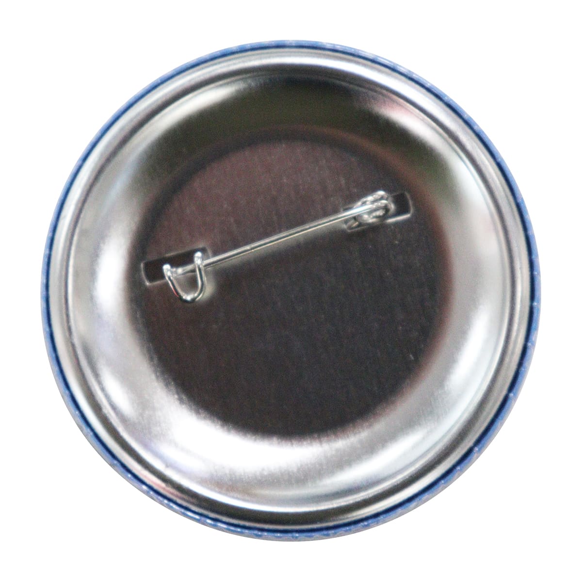 A 25mm button badge with a shiny silver back and pin attachment, featuring a blue edge.