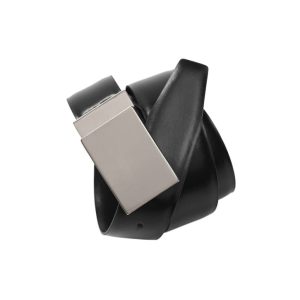 A black corporate belt featuring a sleek silver buckle and a smooth, twisted design.