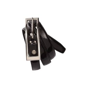 A black semi-patent belt with a silver buckle, featuring a sleek design and shiny finish.