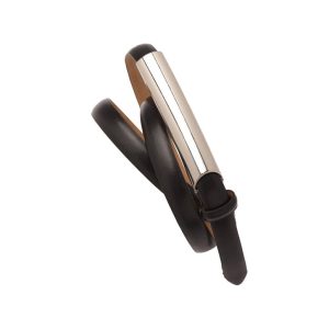 A black women's slimline belt featuring a metallic silver accent and a sleek design.