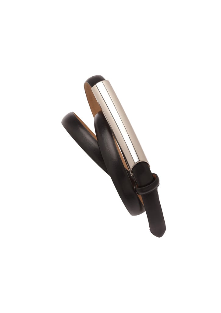 A black women's slimline belt featuring a metallic silver accent and a sleek design.