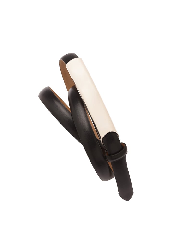 A slimline black belt with a stylish metallic accent and a buckle, showcasing a modern design.