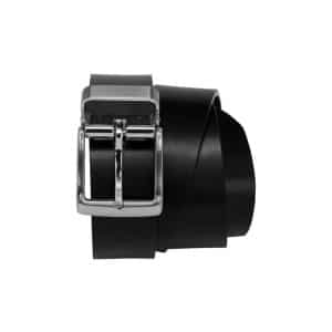 A black men's standard belt with a silver buckle, featuring a smooth design and a logo.