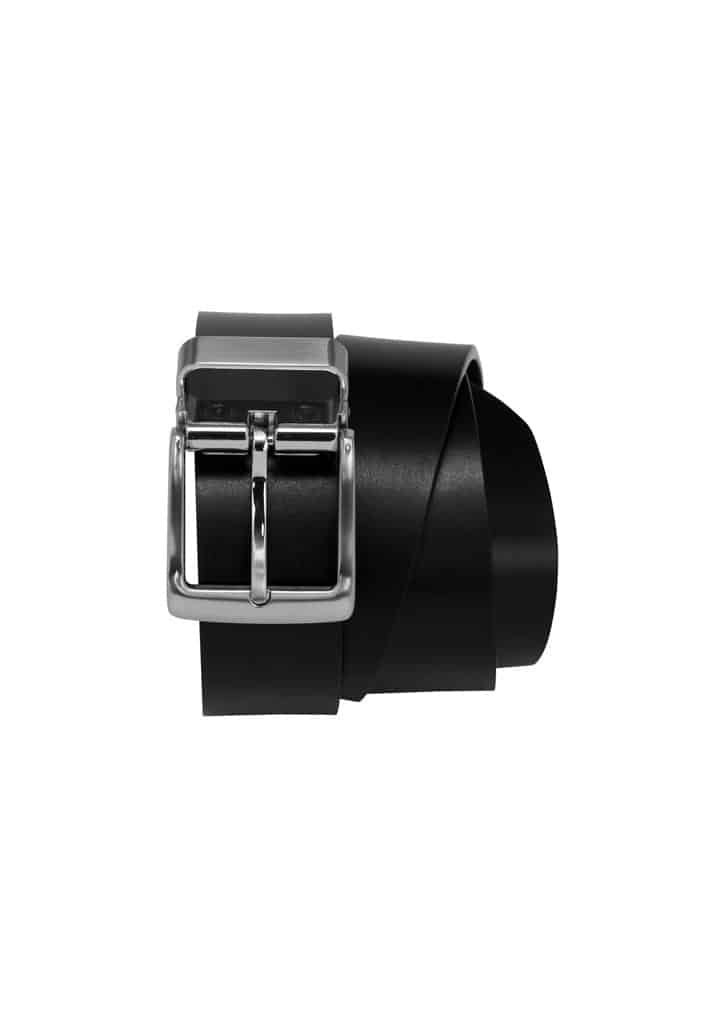 A black men's standard belt with a silver buckle, featuring a smooth design and a logo.