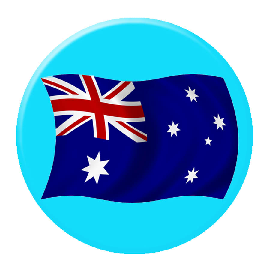 A 25mm button badge featuring an Australian flag design on a bright blue background, with a logo present.