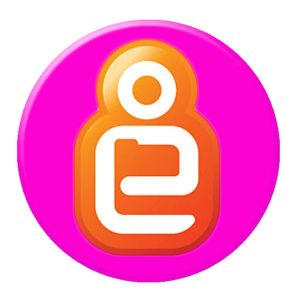 A round 32mm button badge with a vibrant pink background and a colourful logo design. It features a logo in white and orange.