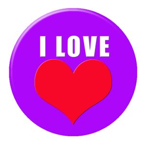 A purple 37mm button badge featuring a red heart and white text. It has a logo at the bottom.