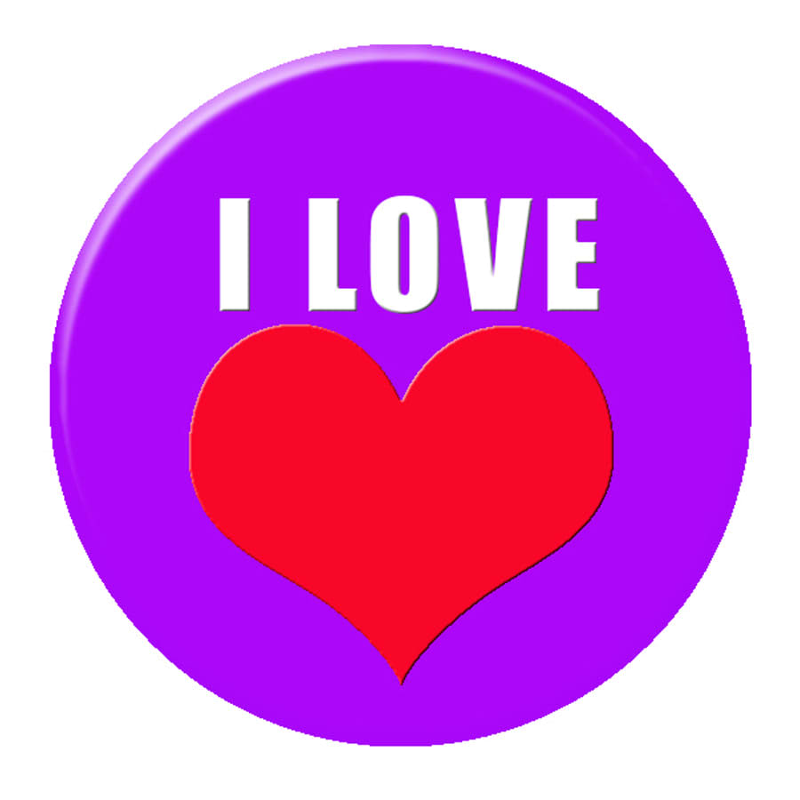 A purple 37mm button badge featuring a red heart and white text. It has a logo at the bottom.