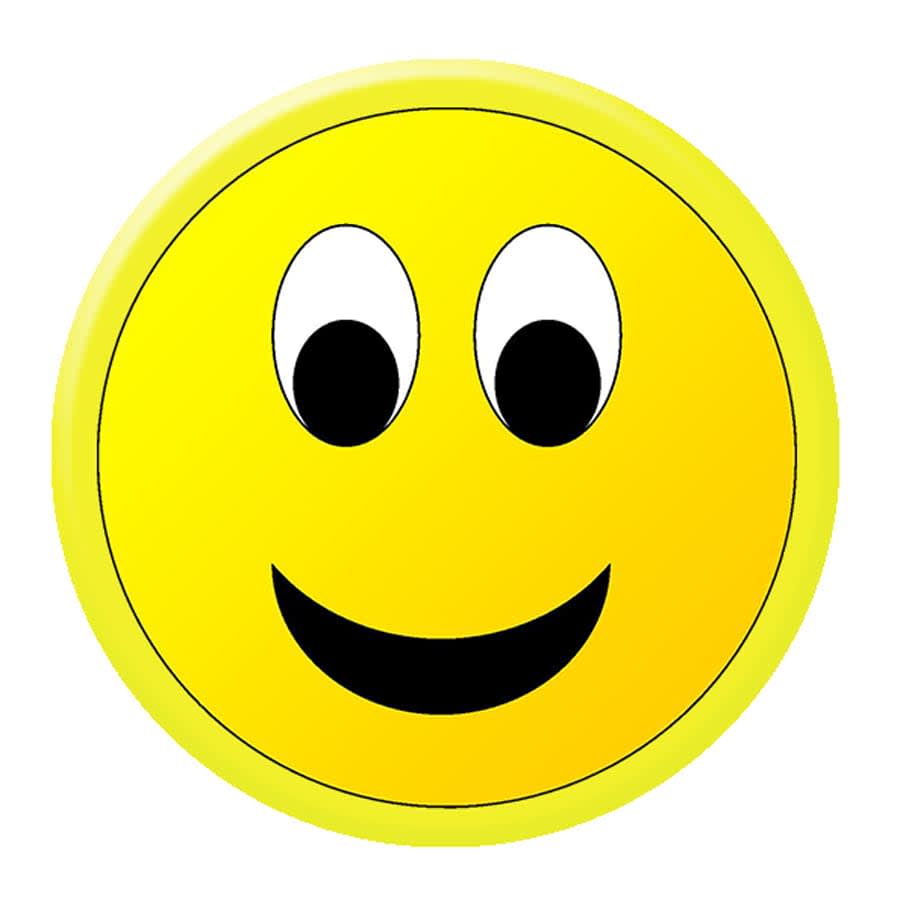 A yellow 44mm button badge featuring a smiling face with large eyes and a friendly expression. It has a logo in the corner.
