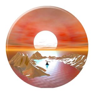 A circular button badge featuring an artistic landscape with mountains, a setting sun, and a small sailboat on water.