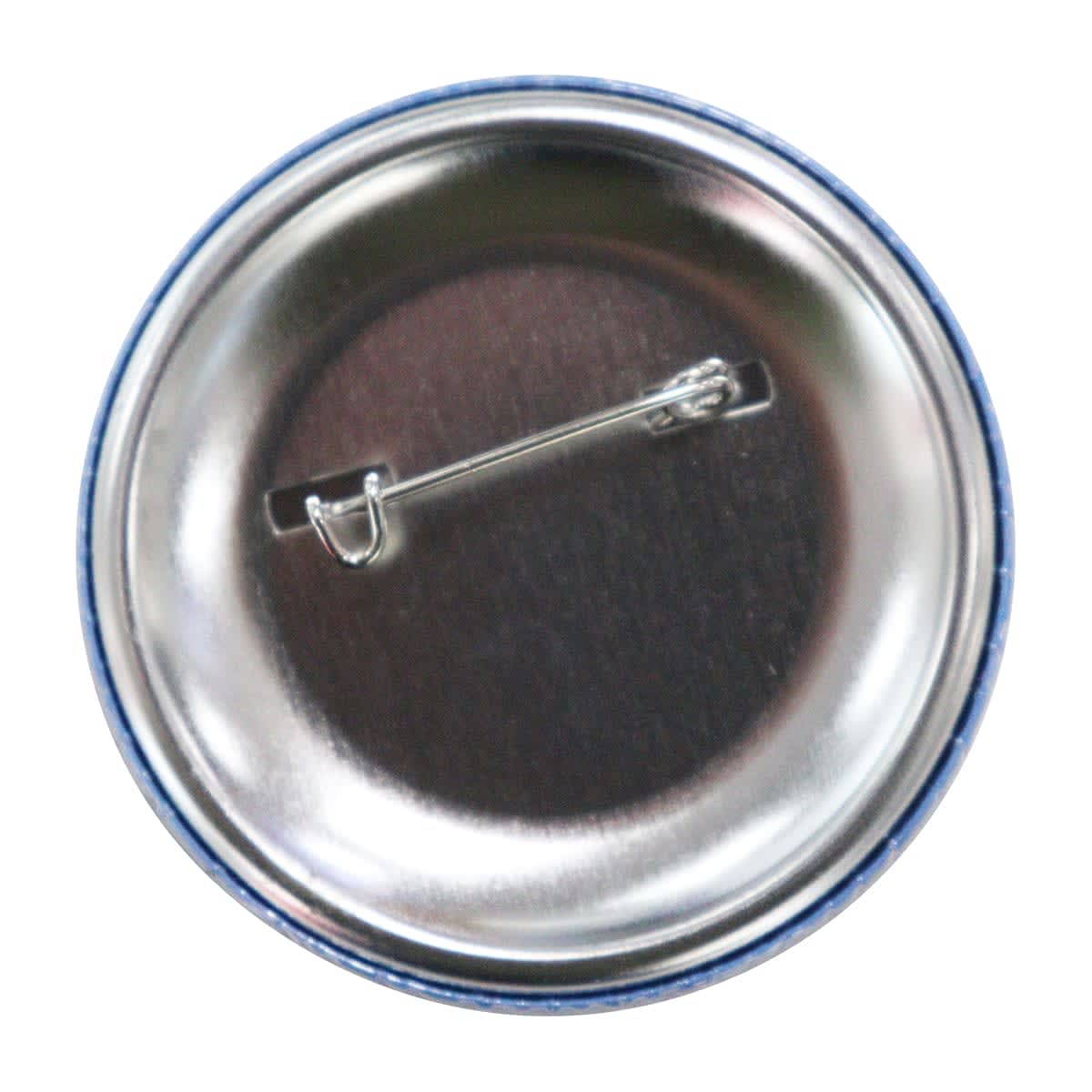 A 65mm button badge with a shiny silver backing and a metal pin attachment. The outer edge is blue.