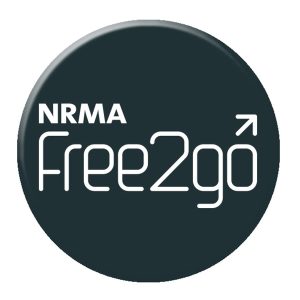 A 90mm black button badge featuring the NRMA Free2go branding and an Australian Made logo.