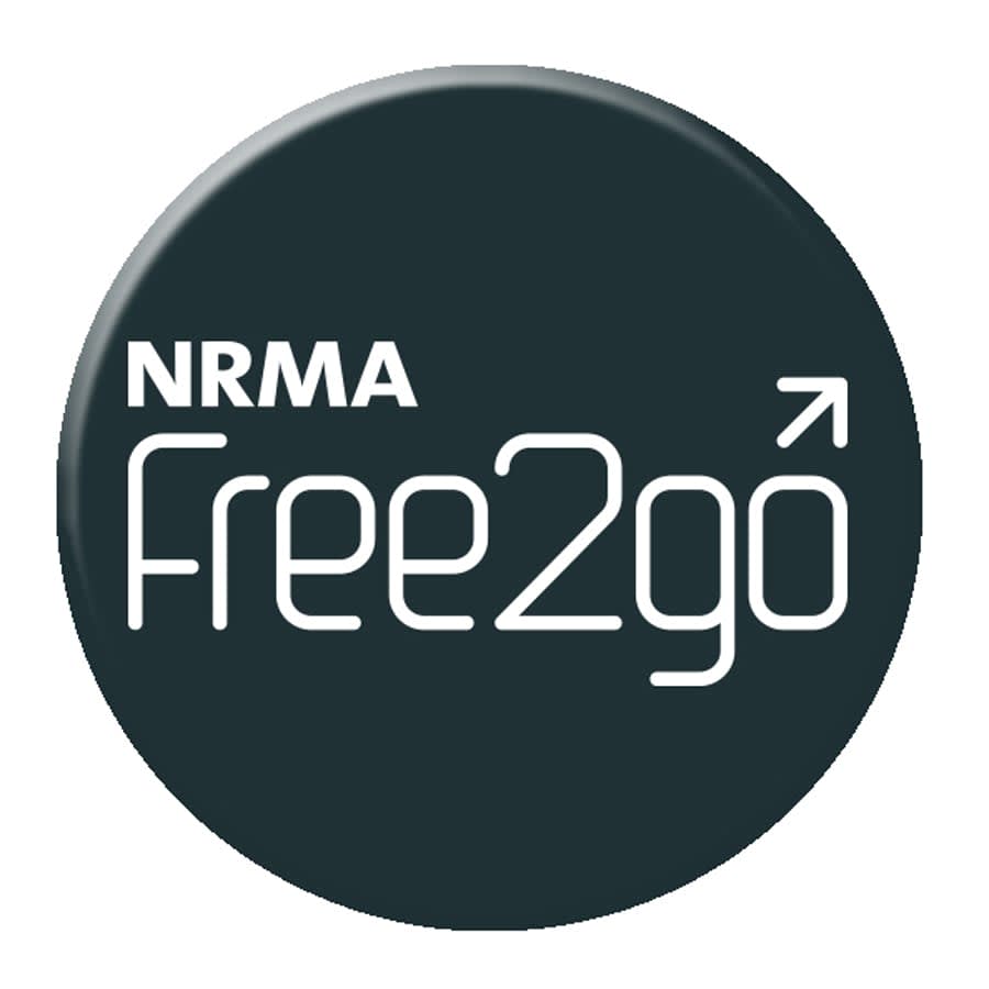 A 90mm black button badge featuring the NRMA Free2go branding and an Australian Made logo.