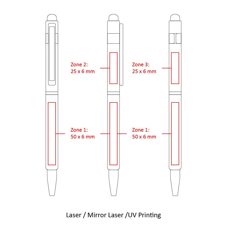 A metal ballpoint pen with a twist mechanism, featuring a stylus tip and various printing zones, displayed in multiple views.