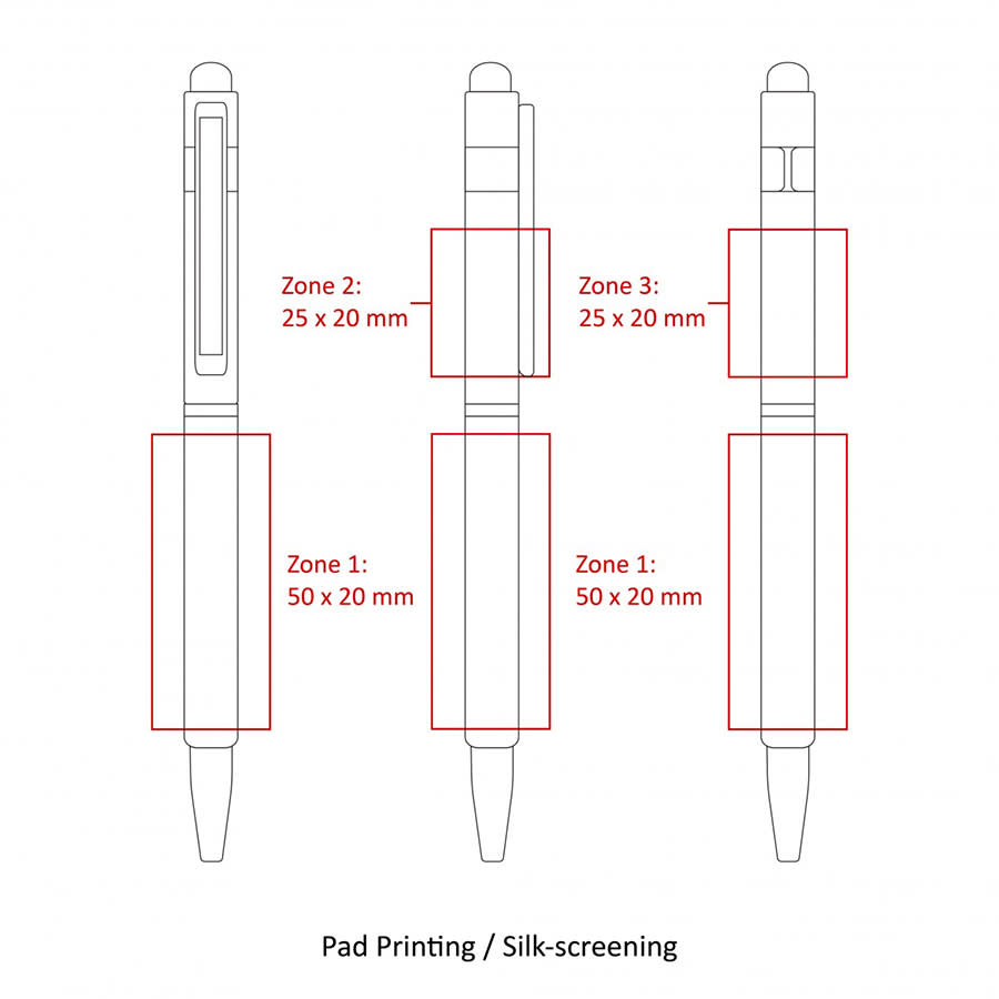 A metal ballpoint pen with a hexagonal design, featuring zones for printing, in a sleek silver colour.