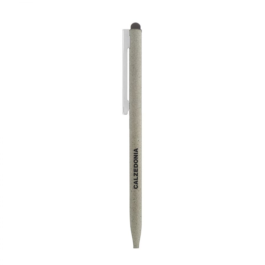 A thin grey metal ball pen with a stylus tip and a clip. It features branding on the barrel.