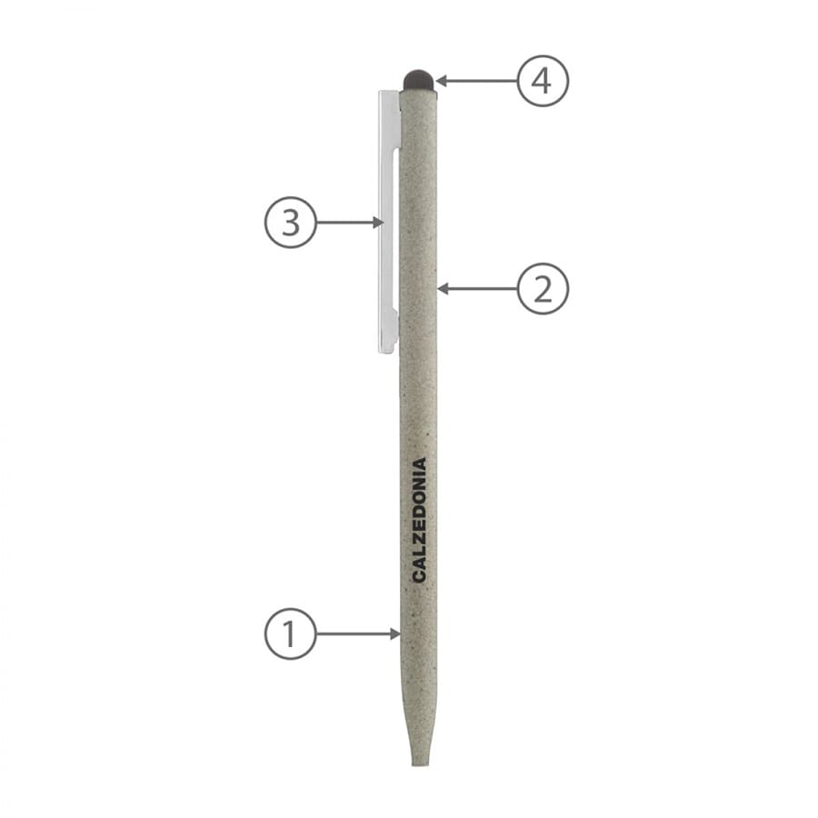 A thin, grey metal ballpoint pen with a clip and stylus tip, featuring a logo on the body.