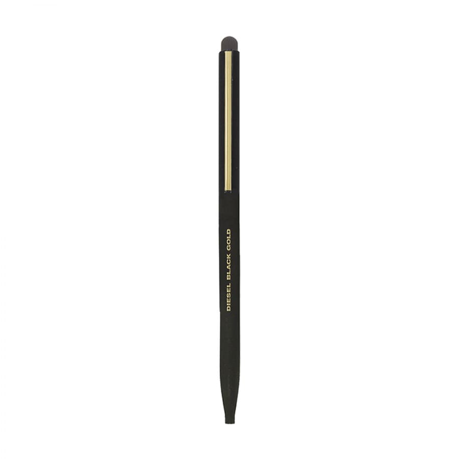 A thin black metal ball pen with a gold accent and a stylus tip. It features a branding logo.