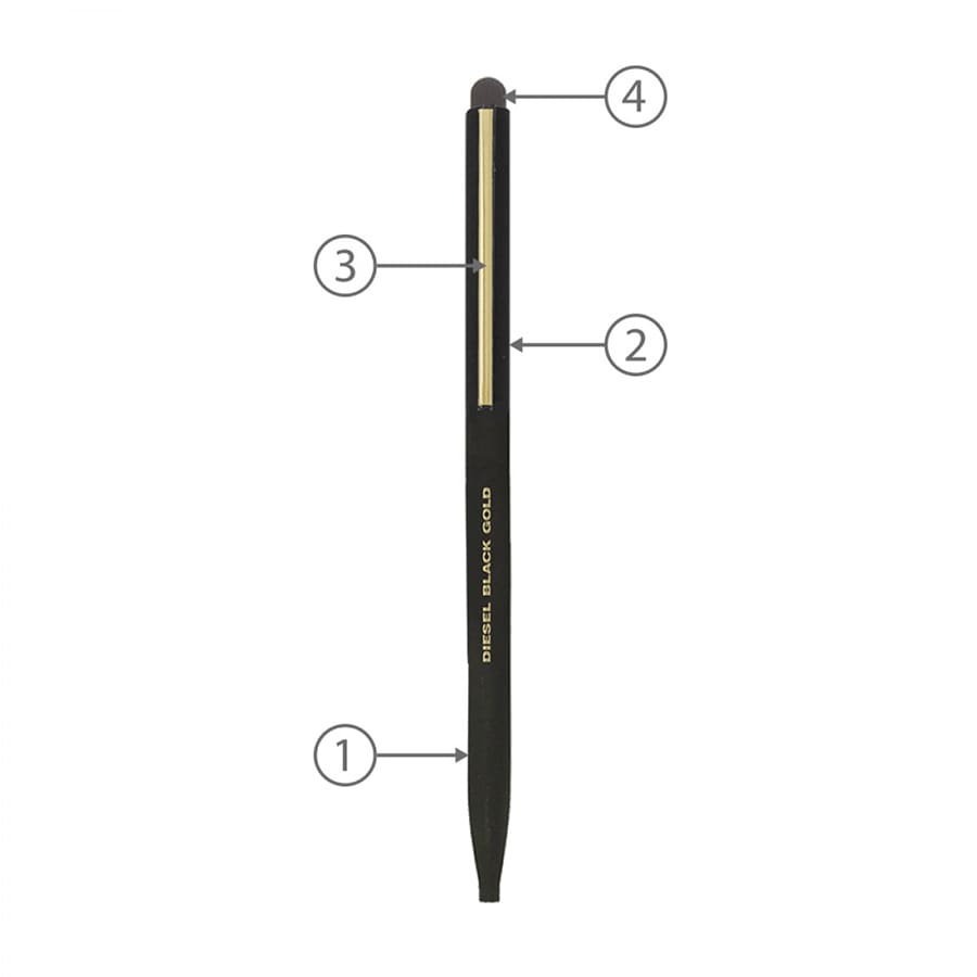 A thin black metal ball pen with gold accents and a stylus tip. It features a logo and numbered details on the barrel.