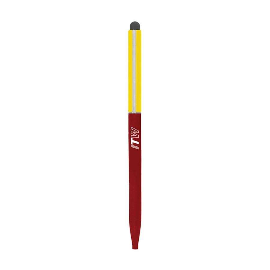 A thin metal ball pen in red and yellow, featuring a stylus tip and a branding logo.