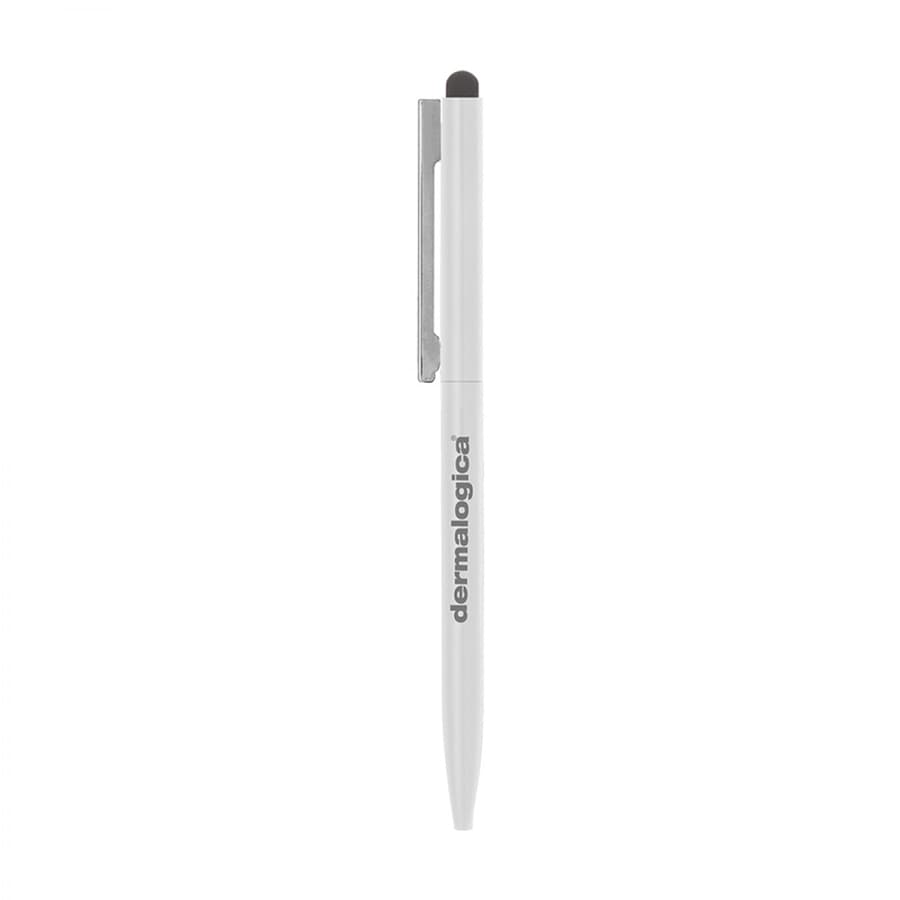 A white metal ballpoint pen with a thin design, featuring a clip and a branding logo.