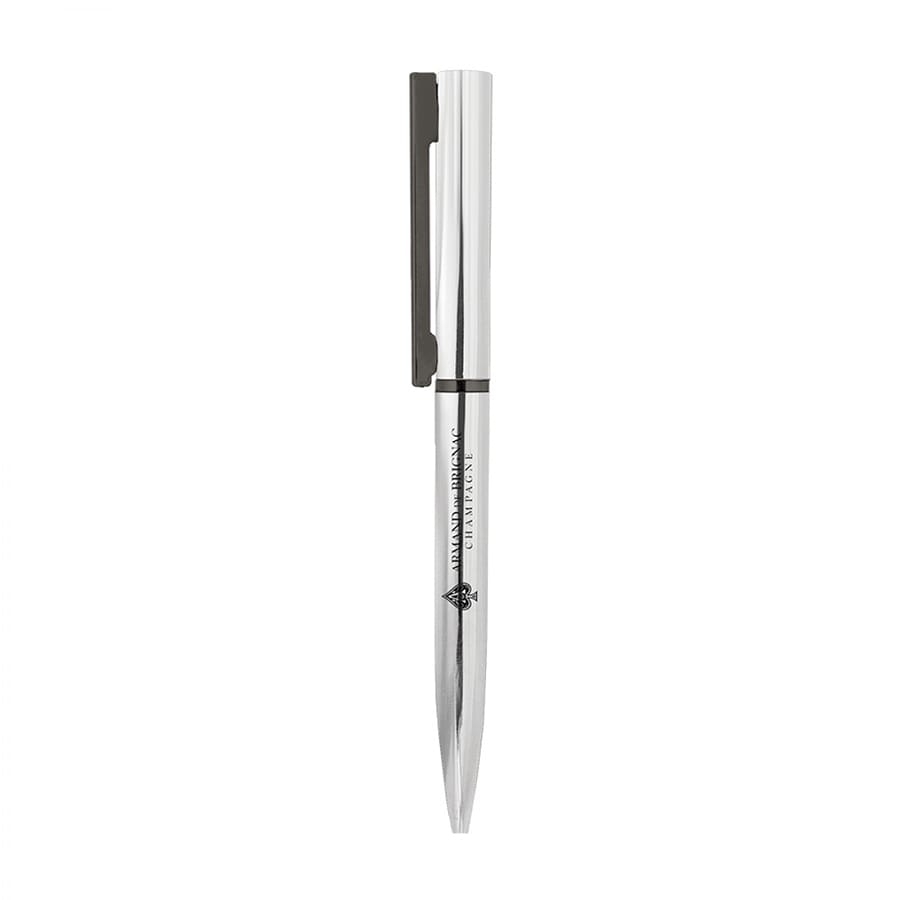 A silver metal ball pen with a twist mechanism and a clip, featuring a logo.
