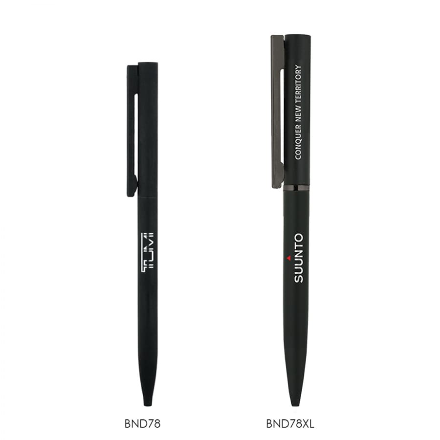 A black twist metal ball pen with a sleek design, featuring a logo and a clip. Two pens displayed side by side.