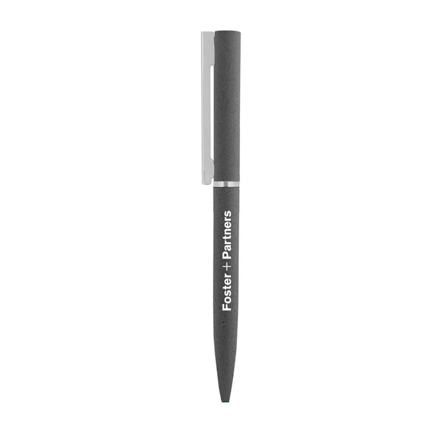 A black twist metal ball pen with a silver clip and a branding logo on the barrel.
