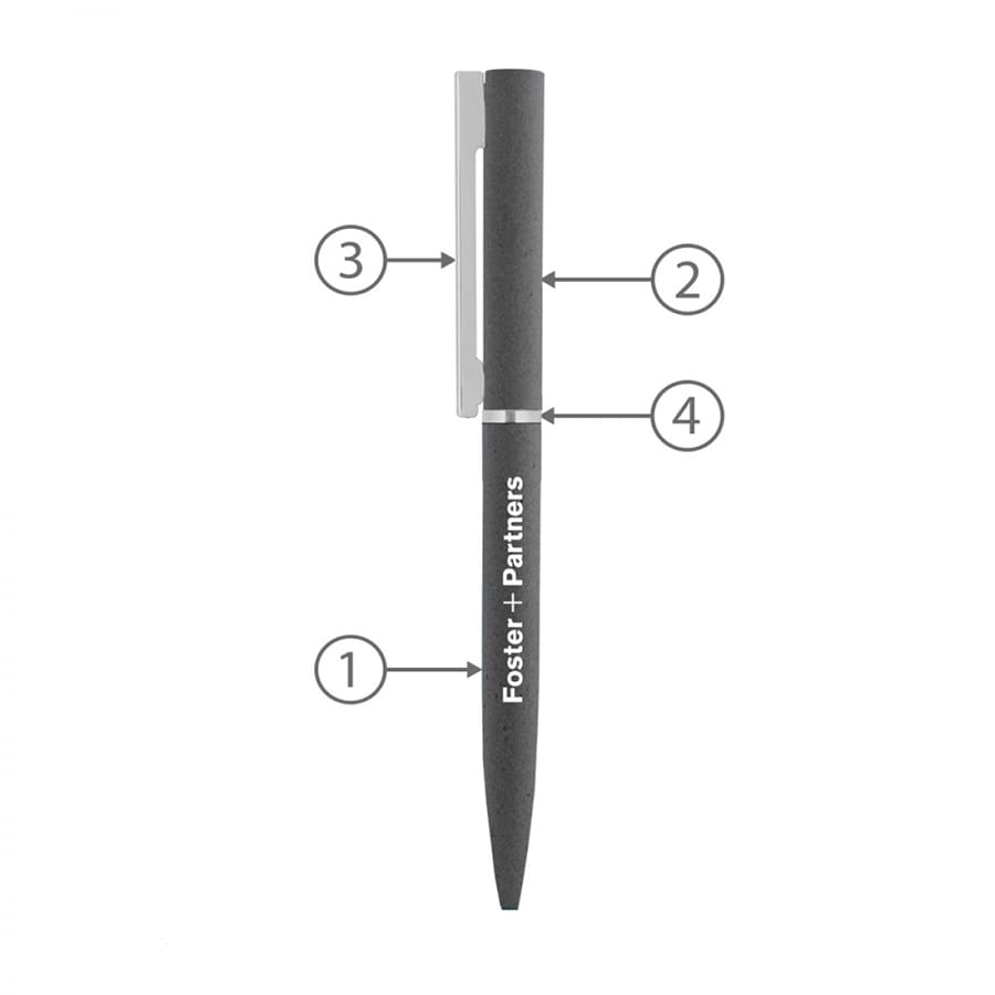 A black metal ballpoint pen with a silver clip and a logo on the barrel.