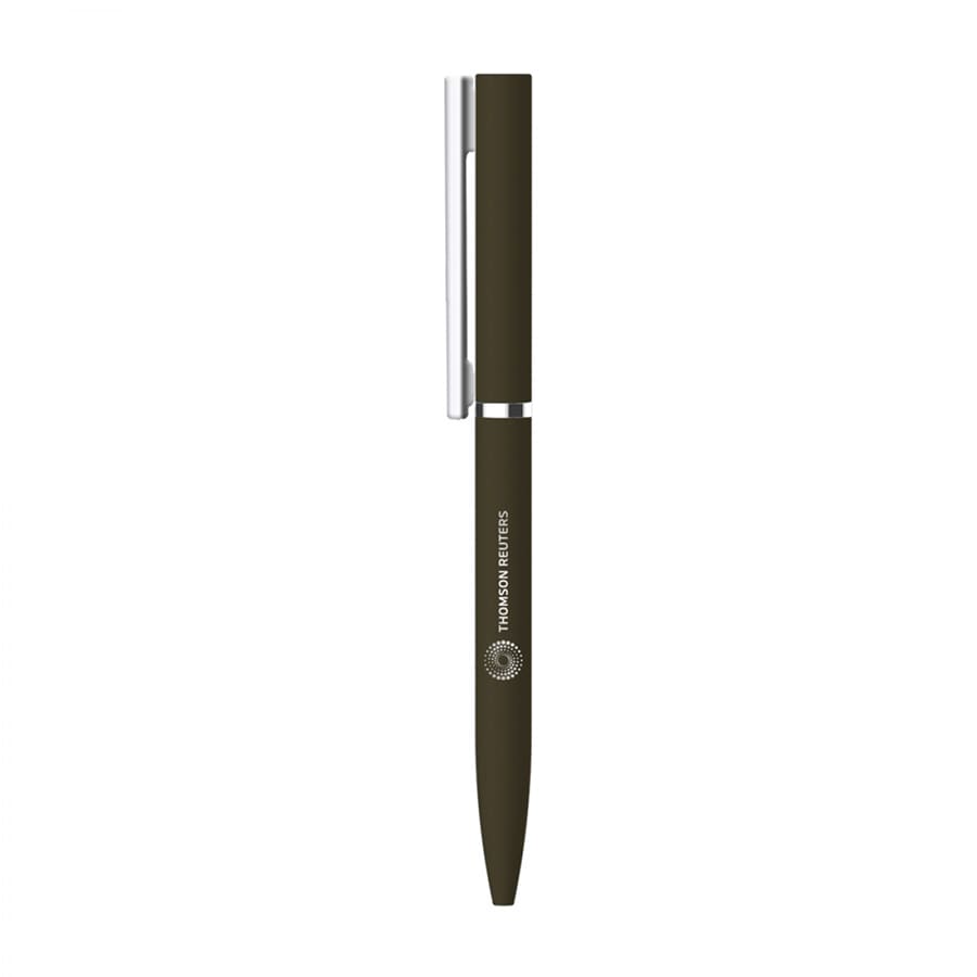 A metal ballpoint pen in green with a silver clip and branding on the barrel.