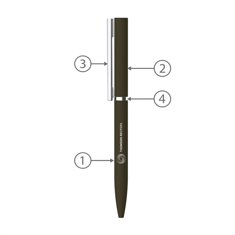 A twist metal ball pen in dark green with a silver clip and branding on the barrel.